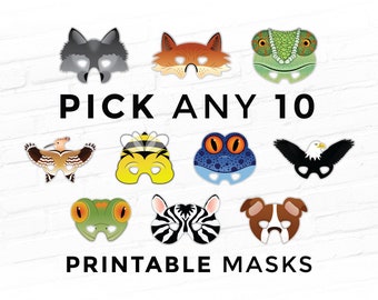 Halloween Masks, Pick any 10 Masks Printable Animal Masks, Printable Costume, For Kids, Party Prop - Your Choices Emailed within 24 Hours