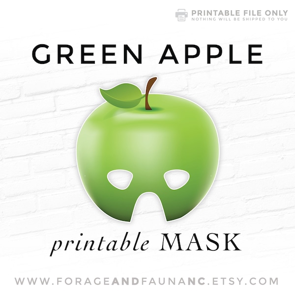 Green Apple Printable Party Mask Fruit Mask Party Play Props Theater Masquerade Food Nutrition Healthy Cute Kids Costume Halloween