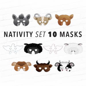Krippe Kostüm Set von 10 druckbare Masken - so tun, als spielen Lebende Krippe Bauernhof Scheunenhof Tiere