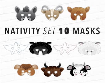 Nativity Scene Costume Set of 10 Printable Masks - Pretend Play Living Nativity Farm Barnyard Livestock Animals