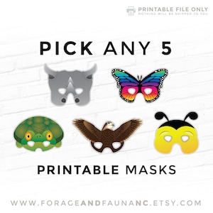 Printable Masks, Animal Masks, For Kids, Pick any 5 Masks Costume, Party Favors, Photo Booth Props - Your Choices Emailed within 24 Hours