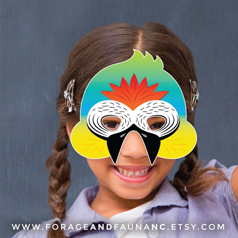 Tropical Bird Printable Costume Bird Mask Blue Gold Macaw Jungle Bird Parrot Halloween Party Masquerade Pretend Play For Kids Rainforest image 6