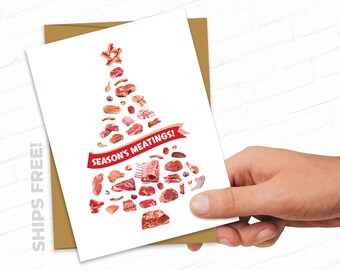 Seasons Meatings  Christmas Card Meat Greeting Carnivore Food Pun Holiday Business Christmas Cards Quirky Card Bacon Paleo Keto Meat Holiday