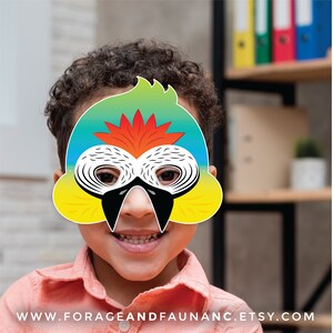 Tropical Bird Printable Costume Bird Mask Blue Gold Macaw Jungle Bird Parrot Halloween Party Masquerade Pretend Play For Kids Rainforest image 2