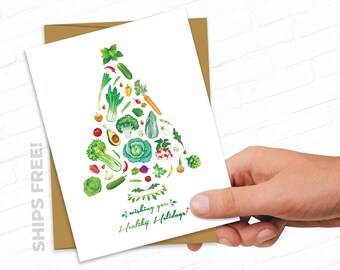 Company Holiday Cards, Vegetable Christmas Greeting Cards, Healthy Holidays, Vegetables, Fitness Christmas Card, Food Christmas Card, Green