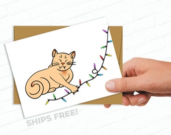 Orange Ginger Cat Reaching for the Twinkle Lights - Illustrated Christmas Cards for Cat Lover