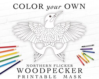 Coloring Book Fun Activity Woodpecker Printable Mask Northern Flicker Common Flicker Masquerade Birthday Party Photo Booth Props Halloween