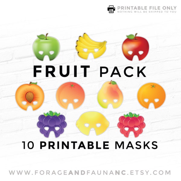 Fruit Masks Set of 10 Printable Masks Pretend Play Cosplay Theater Masquerade Food Costumes Apple Orange Berries Banana Peach Pear