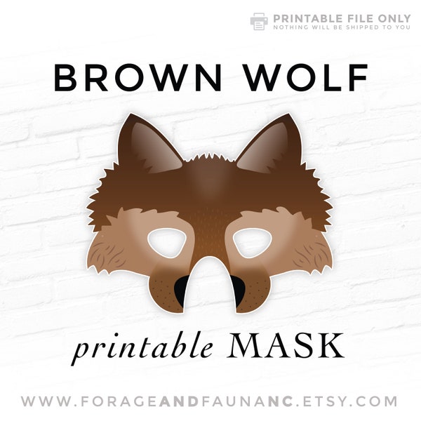 Imprimable loup brun masque d'Halloween, accessoires de cabine photo loup sinistre, petit chaperon rouge, chien-loup, costume de berger inuit Kugsha Shikoku, chien de traîneau