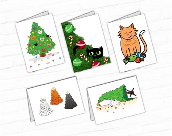 Cat Christmas Card Set of 5 Printable Cards Cat Holiday Card Card for Cat Lover Black Cat Christmas Cat Xmas Crazy Cat Lady Greetings Xmas