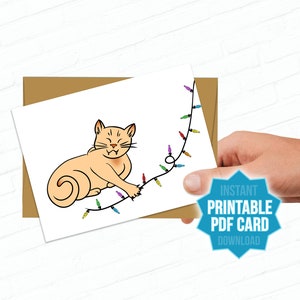 Afdrukbare kaarten Oranje Gember Kat Kerstkaart Kitty Kat Vakantie Handgetekende Geïllustreerde Groet Schattige Lachende Buff Cat Kerstverlichting
