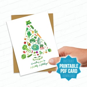 Cartões de Natal imprimíveis, cartão de Natal vegano, feriados saudáveis, cartão de Natal fitness, cartão de nutrição imprimível, árvore de Natal de comida