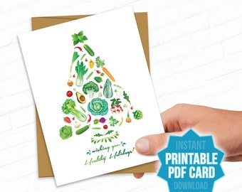 Printable Christmas Cards, Vegan Christmas Card, Healthy Holidays, Fitness Christmas Card, Printable Nutrition Card, Food Christmas Tree