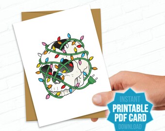 Printable Christmas Cards, Skull Christmas Card, Skeleton Card, Hand Drawn, Illustrated Christmas Card, Unique Christmas, Christmas Lights