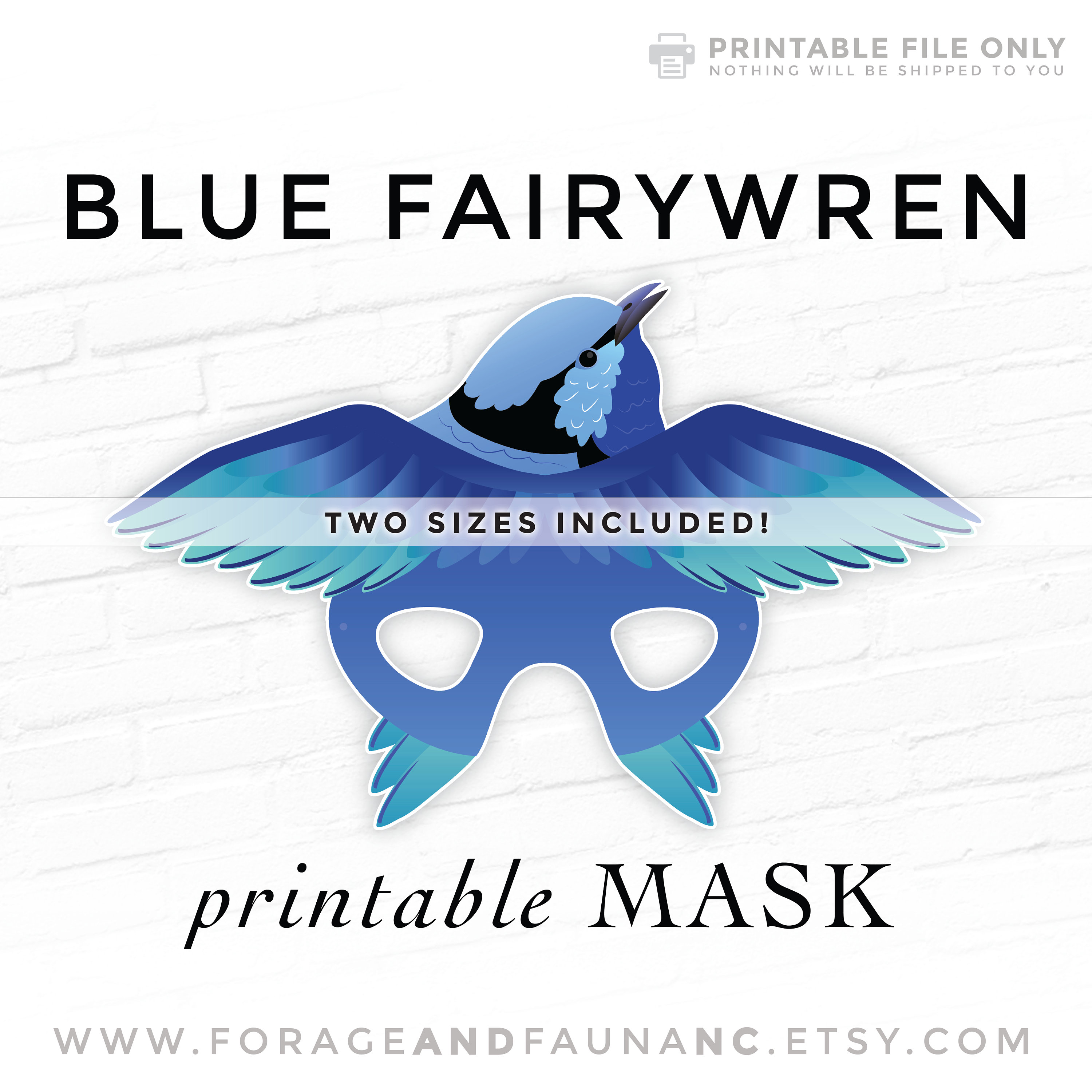Splendid Fairywren druckbare Vogel-Maske - 2 Größen - blauer Vogel-Zaunkönig Kostüm Türkis Maskerade Photo Booth Prop Australian Birb Theater