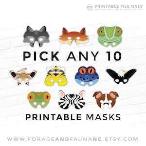 Wählen Sie 10 Masken und sparen Sie, druckbare Photo Booth Requisiten Halloween Animal Party Mask Kostüme - Ihre Auswahl wird innerhalb von 24 Stunden per E-Mail gesendet