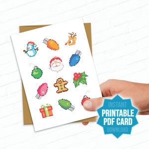 Cartões de Natal imprimíveis, cartão de Natal geek, luzes de Natal de pixel, cartões de felicitações de Natal nerd, ícones de Natal de pixel, cartão de videogame