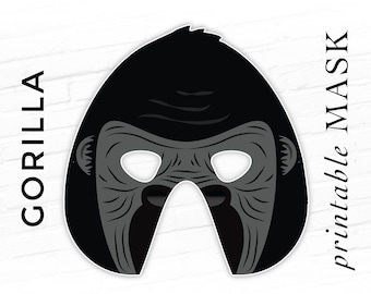 May include: Printable gorilla mask. The mask is black with a gray face and eye holes. The text "Printable Mask" is on the right side of the image.