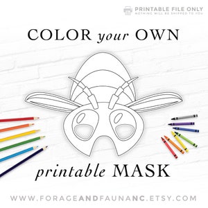 May include: A printable bee mask for kids to color. The mask is black and white and has large eyes and antennae. The text "COLOR your OWN printable MASK" is at the bottom of the image.