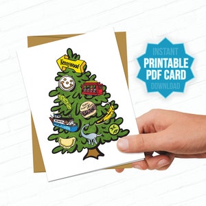 Tarjetas navideñas imprimibles de Pittsburgh Árbol de Navidad Saludos Yinzer Tarjetas de Ham Burgh desconchadas Pickle Pierogi Smiley Cookie Clipper Trolley