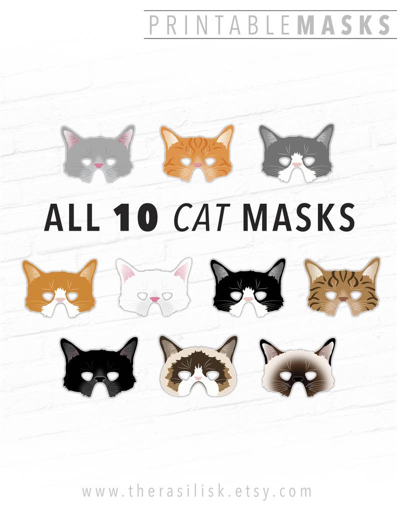10 Printable Cat Mask Designs Kitty Halloween Masks Instant | Etsy