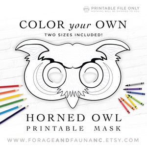 Coloring Book Fun Activity, Great Horned Owl Mask, Printable Bird Masquerade Costume Cosplay Birthday Halloween Photo Booth Theater