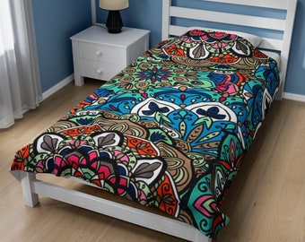 Velveteen Plush Blanket, blue mandala print, teen gift, holiday gift, home accessories, bedroom decor, 3 sizes