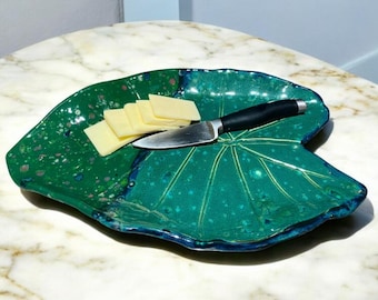 Ceramic leaf platter, snack platter, clay pottery, nature inspired, cheese tray, housewarming gift, table decor, home entertaining