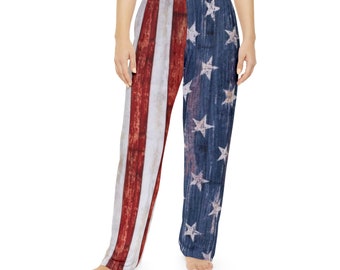 Ladies whimsical stars and stripes lounge pants, patriotic print pj pants, womens funny pj bottoms, ladies sleepwear