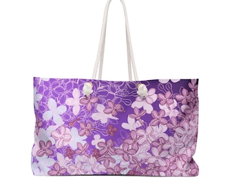 Weekender Bag shopping, large tote bag 24 x 12, purple lilac theme, lilacs print, overnight travel bag, spring book bag