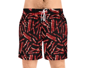 Men's funny bacon Mid-Length Swim Shorts, mens swim trunks with pockets, swimwear, beach gear, men swimming shorts, vacation apparel