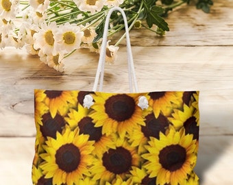 Weekender Bag sunflowers, large tote bag 24 x 13, sunflower beach bag, gift for friend, overnight travel bag, book bag