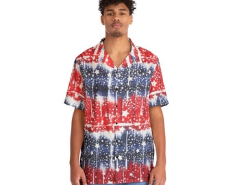 Mens Hawaiian shirt tie dye patriotic, funny men red white and blue button down shirt, party shirts, mens novelty shirt