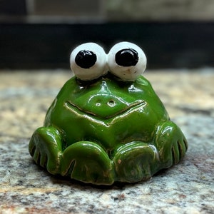 Whimsical Ceramic Frog, garden art, flower pot decor, cottage core frog, fairy garden decor, green frog