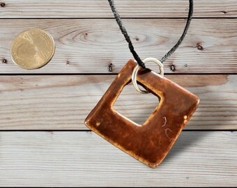 Whimsical Ceramic warm brown Square necklace pendant, earth inspired, clay jewelry, fashion accessories, kiln fired