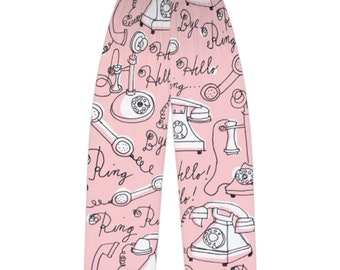 Retro telephones pink ladies pj pants, gift for her, womens phone pajama bottoms, sleepwear, loungewear, sleep apparel