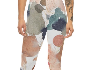 Womens floral watercolor print Capri Leggings, yoga pants, ladies athleisure, workout gear, ladies casual wear