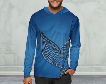 Men's fishtail Sports Warmup Hoodie, moisture wicking, sun protective, stylish fish pattern, gift for him, mens fashion