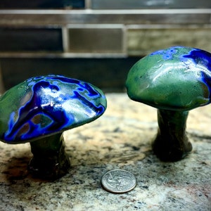 Whimsical Ceramic Mushrooms, set of 2, garden art, flower pot decor, blue cottage core mushroom, fairy garden decor