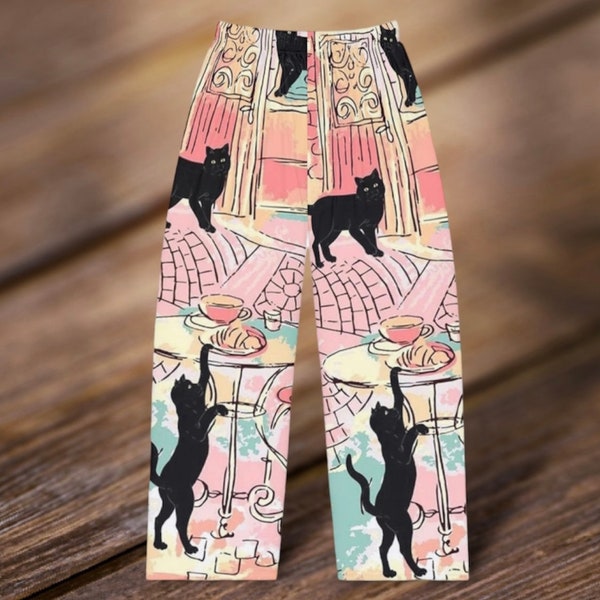 Ladies cats in France print vacation Pajama Pants, funny cat pj pants, novelty cat lover lounge bottoms, gift for her