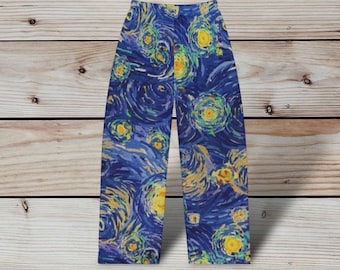 Ladies pajama Pants blue and yellow novelty pj bottoms, gift for her, abstract art painting women's lounge pants