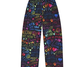 Ladies pajama Pants cat theme words, cat lover novelty pj bottoms, gift for her, cats lover pajamas, women's lounge pants