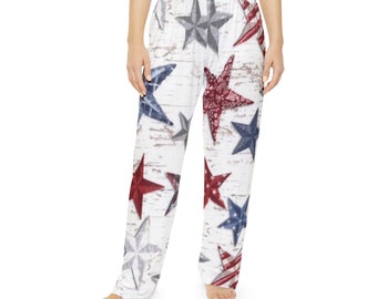 Ladies distressed stars and stripes lounge pants, patriotic print pj pants, womens funny pj bottoms, ladies sleepwear