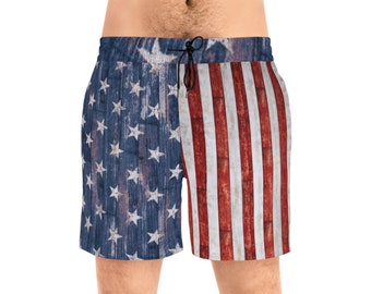 Men's stars and stripes Mid-Length Swim Shorts, patriotic print, mens swim trunks with pockets, swimwear, beach gear, men swimming shorts