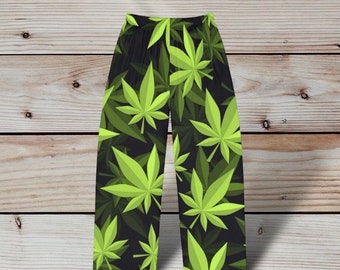 Ladies marijuana leaf pajama bottoms, pot plant lounge pants, novelty pj bottoms, funny gift for friend wife, womens pj bottoms