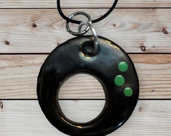 Whimsical Ceramic green circle necklace pendant, earth inspired, clay jewelry, fashion accessories, kiln fired