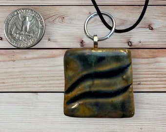 Whimsical blue clay and glass square necklace pendant, earth inspired, clay jewelry, fashion accessories, kiln fired