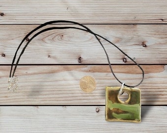 Whimsical Ceramic green Square necklace pendant, earth inspired, clay jewelry, fashion accessories, kiln fired