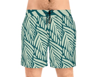 Men's leaves print Mid-Length Swim Shorts, leaf mens swim trunks with pockets, swimwear, beach gear, men swimming shorts