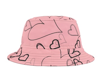 Bucket Hat pink with hearts, fun fashion hat, ladies mens kids hat, fishermans hat, sun hat, 2 sizes, gift idea
